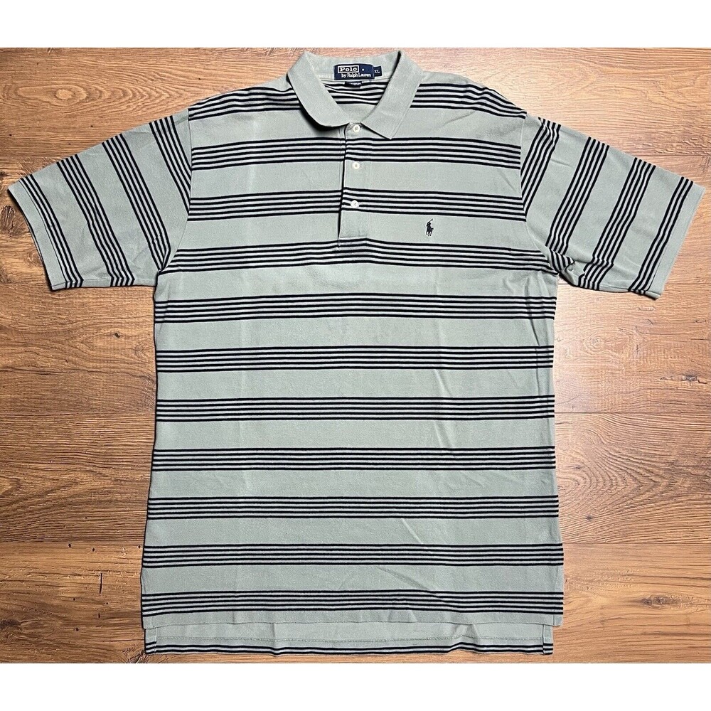 Vintage Polo Ralph Lauren Shirt Mens XL Striped Green Blue 90s Pony Short Sleeve